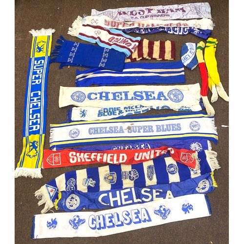 55 - Selection of vintage and later football scarves to include Chelsea, West Ham etc
