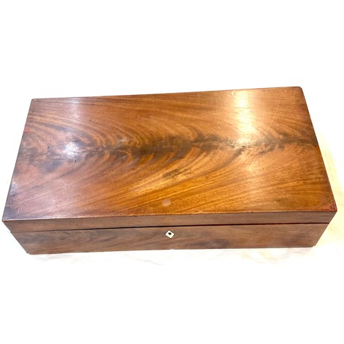 220 - Antique Mahogany writing box with ink wells, leather interior, approximate measurements: length 50cm... 