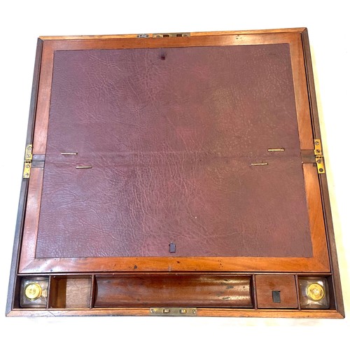 220 - Antique Mahogany writing box with ink wells, leather interior, approximate measurements: length 50cm... 