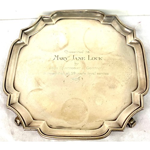 519 - Hallmarked Silver small tray, engraving to top which reads: Presented to Mary Jane Lock by John Heat... 