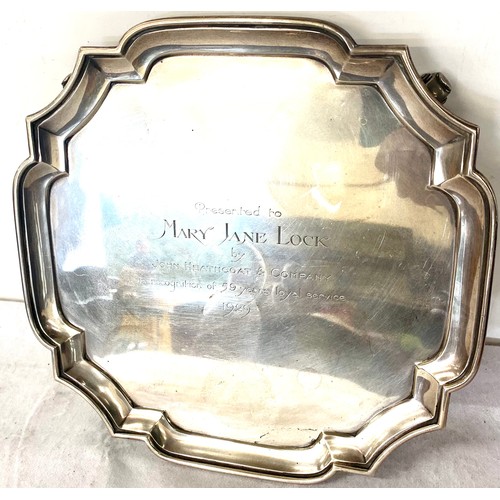 519 - Hallmarked Silver small tray, engraving to top which reads: Presented to Mary Jane Lock by John Heat... 