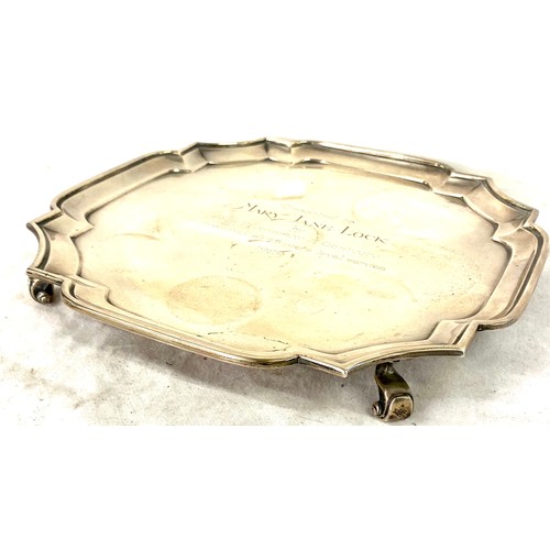 519 - Hallmarked Silver small tray, engraving to top which reads: Presented to Mary Jane Lock by John Heat... 