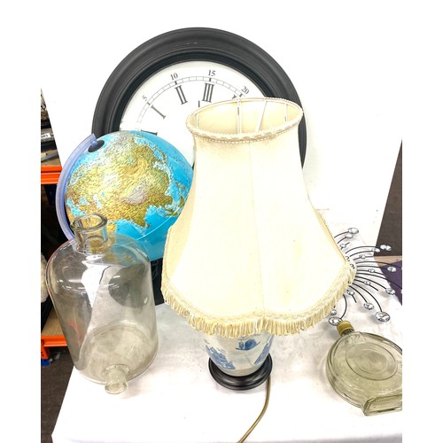 214 - Light up globe, wall clock, lamp, glass ware etc