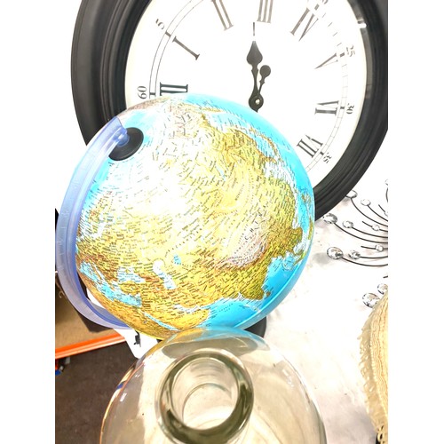 214 - Light up globe, wall clock, lamp, glass ware etc