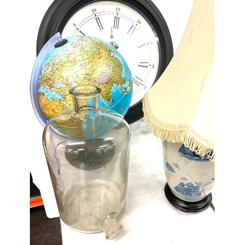 214 - Light up globe, wall clock, lamp, glass ware etc