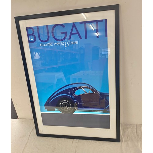 604 - Signed framed limited edition print of a Bugatti atlantic type 57s coupe by Sheridon Davies measures... 