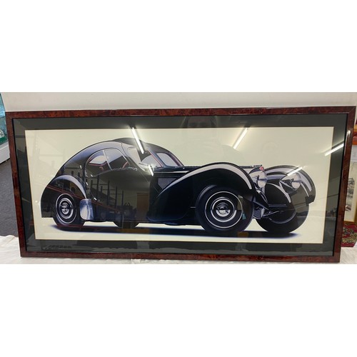 160 - Large framed Black and white Bugatti Atlantique print measures approx 39 inches wide by 18 inches ta... 