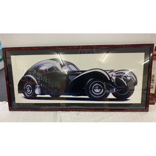 160 - Large framed Black and white Bugatti Atlantique print measures approx 39 inches wide by 18 inches ta... 