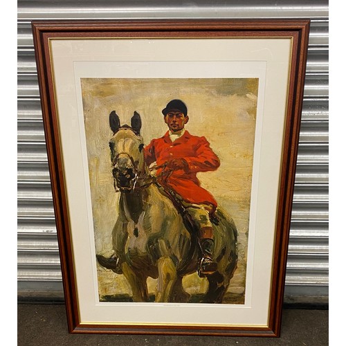 605 - Large framed print of a Huntsman on grey horse measures approx 41 inches tall 30 inches wide