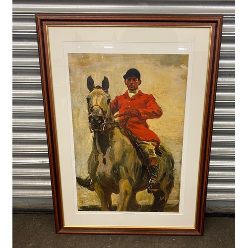 605 - Large framed print of a Huntsman on grey horse measures approx 41 inches tall 30 inches wide