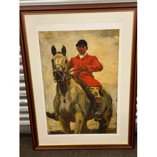 605 - Large framed print of a Huntsman on grey horse measures approx 41 inches tall 30 inches wide