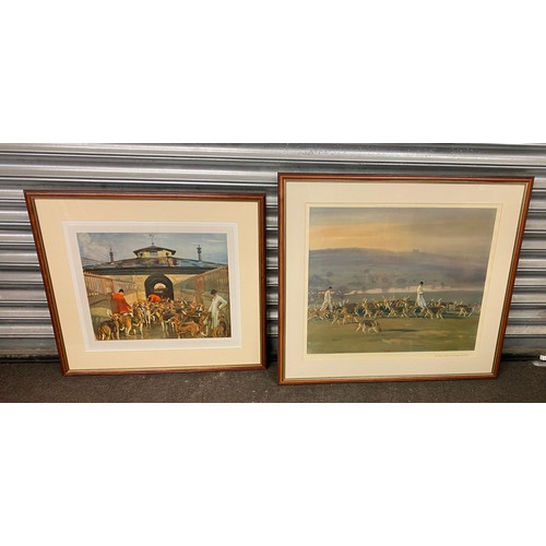 177 - 2 Framed hunting scene prints hounds exercising in the park and hunting morning at the kennels large... 