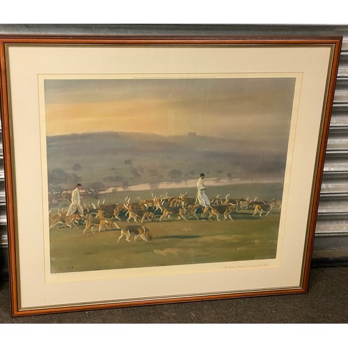 177 - 2 Framed hunting scene prints hounds exercising in the park and hunting morning at the kennels large... 