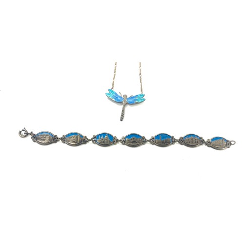 493 - Silver and enamel jewellery to include dragonfly necklace, enamel souvenir bracelet