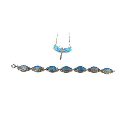 493 - Silver and enamel jewellery to include dragonfly necklace, enamel souvenir bracelet