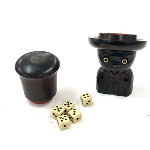 535 - Japanese Kobe toy dice shaker, Hat unscrews and contains dice, protruding eyes