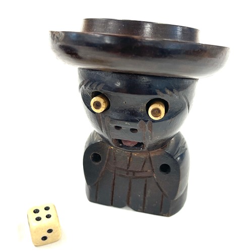 535 - Japanese Kobe toy dice shaker, Hat unscrews and contains dice, protruding eyes