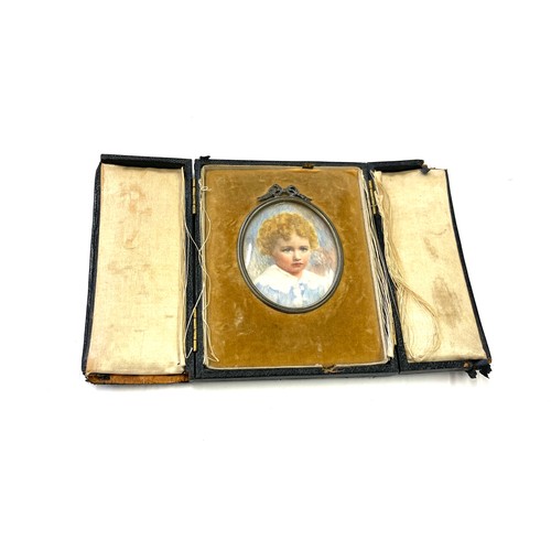 543 - Original hand painted portrait miniature of a young boy in leather case