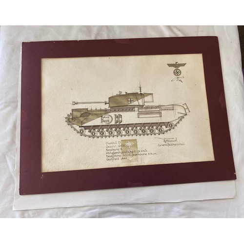 486 - Original WW2 military artwork with Adolf Hitler and Rommel Signatures, Churchill VII Tank and Valent... 