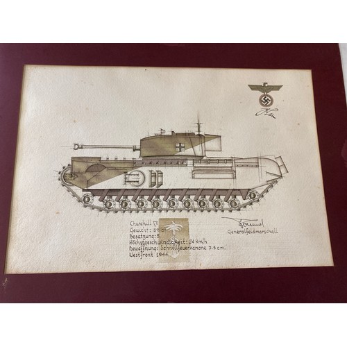 486 - Original WW2 military artwork with Adolf Hitler and Rommel Signatures, Churchill VII Tank and Valent... 