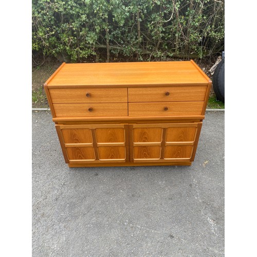 593 - 4 Drawer, 2 door teak sideboard, approximate measurements: Height 30 inches, Depth 18 inches, Width ... 