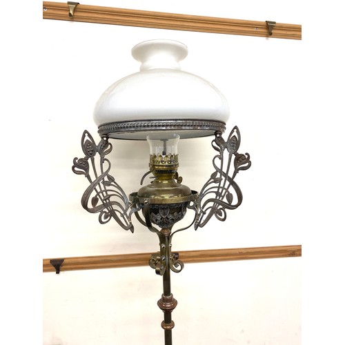 424 - Victorian brass standard oil lamp with shade total height approx 88 inches tall