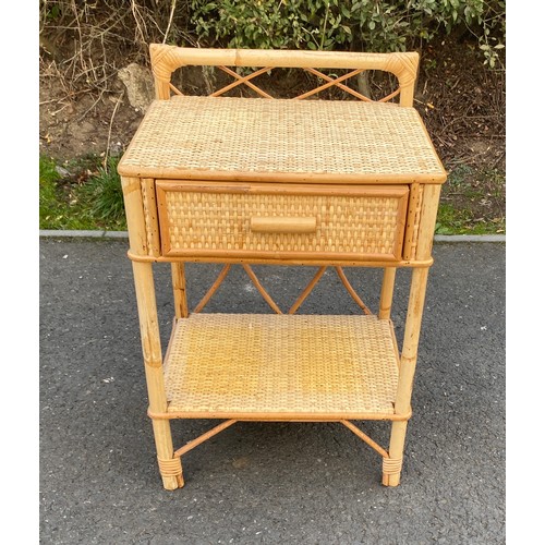 573 - 1 Drawer cane side table measures approx 25 inches tall 17 inches wide depth 11.5 inches