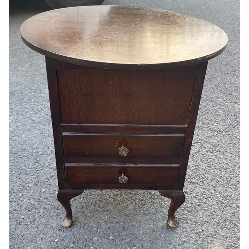 591 - Queen Oak sewing table and contents measures approx 21 inches tall 20 inches diameter