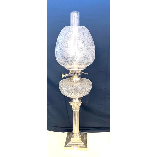 421 - Victorian silver plated oil lamp, overall height 29 inches including funnel, burner diameter 3 inche... 