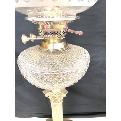 421 - Victorian silver plated oil lamp, overall height 29 inches including funnel, burner diameter 3 inche... 