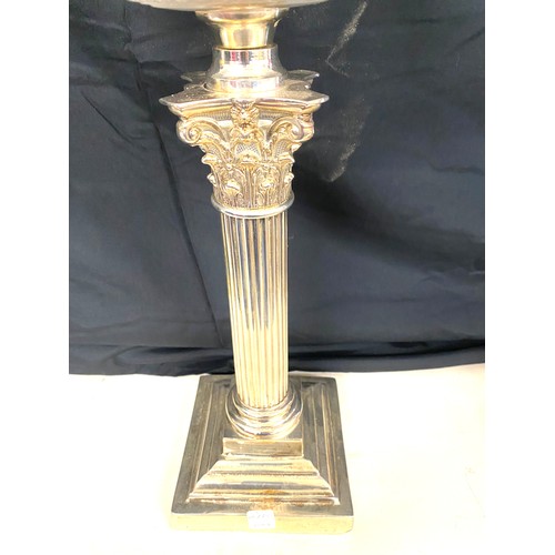 421 - Victorian silver plated oil lamp, overall height 29 inches including funnel, burner diameter 3 inche... 