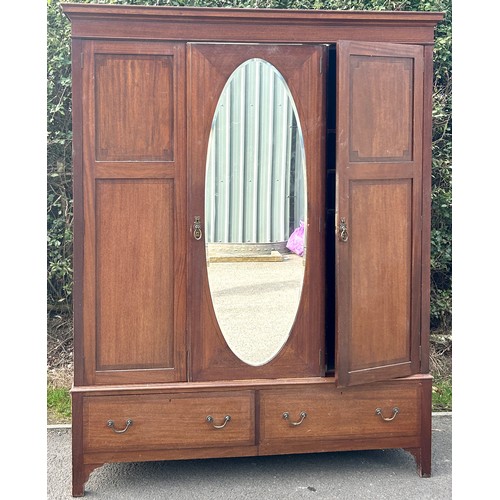 583 - Mahogany triple door mirror front robe, with cornice, boot drawer to base, approximate measurements:... 