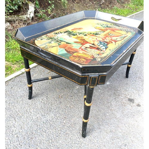 587 - Hand painted black and gilt coffee table, with feature top, approximate measurements: Height 18.5 in... 