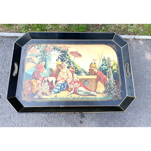 587 - Hand painted black and gilt coffee table, with feature top, approximate measurements: Height 18.5 in... 