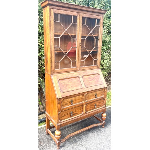 599 - Oak bureau bookcase, approximate measurements: Height 76 inches, Width 35 inches, Depth 16 inches