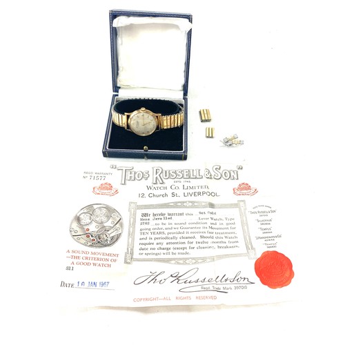 491 - Gents 9ct gold Thos Russell & Son wristwatch, with original warranty certificate, working order, no ... 