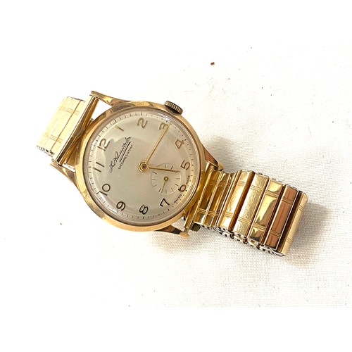 491 - Gents 9ct gold Thos Russell & Son wristwatch, with original warranty certificate, working order, no ... 