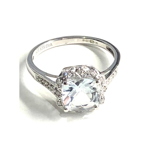 497 - 9ct white gold aqua & diamond ring weight 2g