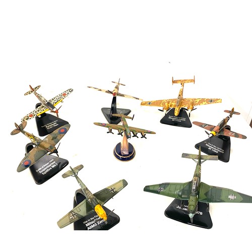 136 - Selection of metal aircraft models on stand includes Avvo lancaster, Messer schmitt bf110g, dunkirk ... 