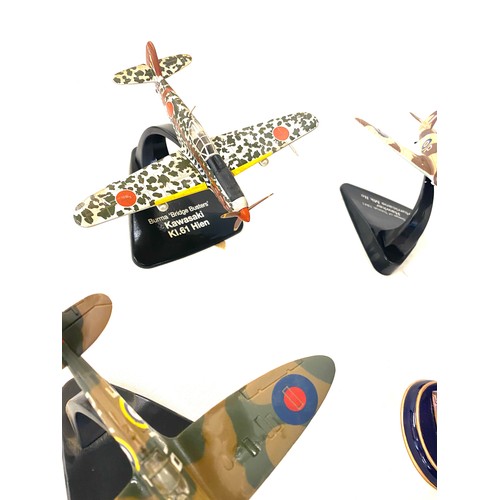 136 - Selection of metal aircraft models on stand includes Avvo lancaster, Messer schmitt bf110g, dunkirk ... 