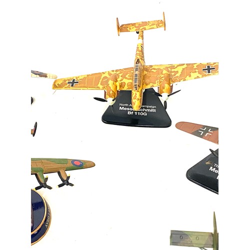 136 - Selection of metal aircraft models on stand includes Avvo lancaster, Messer schmitt bf110g, dunkirk ... 