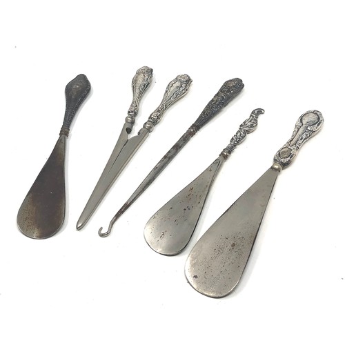 4 - Antique silver handle shoe horns button hook & tongs