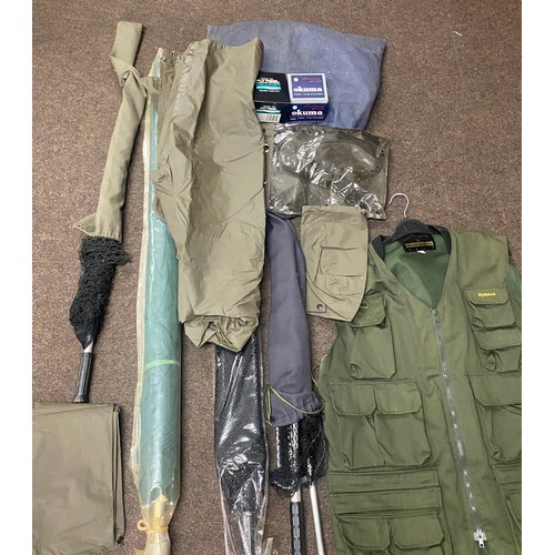 281 - Selection of fishing equipment includes Wychwood  Gilet, nets, landing net, umbrella, etc