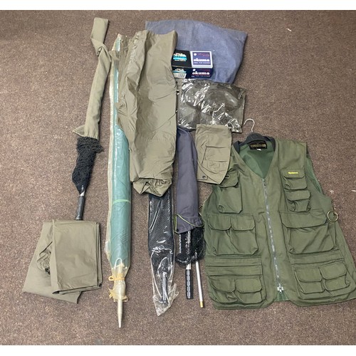 281 - Selection of fishing equipment includes Wychwood  Gilet, nets, landing net, umbrella, etc