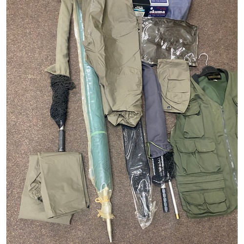 281 - Selection of fishing equipment includes Wychwood  Gilet, nets, landing net, umbrella, etc