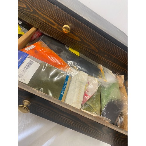 344 - 3 Drawer vintage chest full of fly making equipment measures approx 12 inches tall 24inches wide 12.... 