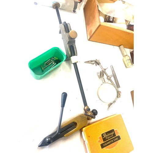 346 - Selection of fly fishing equipment includes bench vice etc