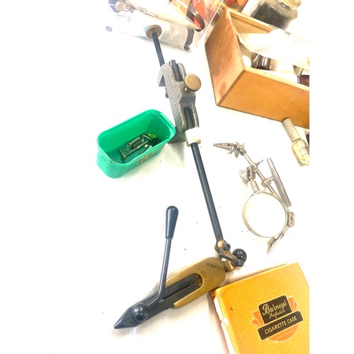 346 - Selection of fly fishing equipment includes bench vice etc