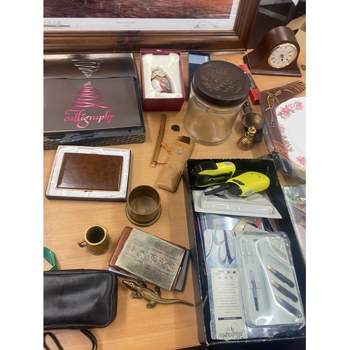 203 - Large Selection of miscellaneous includes AA Tin, Stamps, Mantel clock, walkie talkies etc