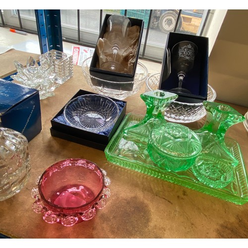 410 - Large selection of assorted glassware includes coloured glass, stuart crystal, white fries etc